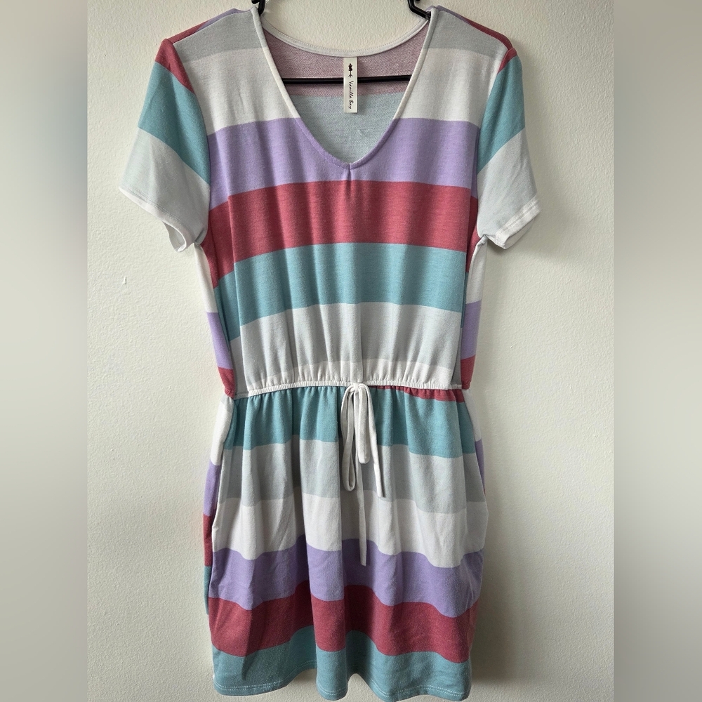 ​Vanilla Bay Striped Short Sleeve Drawstring Dress with Pockets